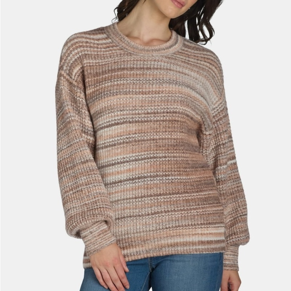 Cozy boxy fit fuzzy crew neck knit sweater Brown Striped Women's Sweater